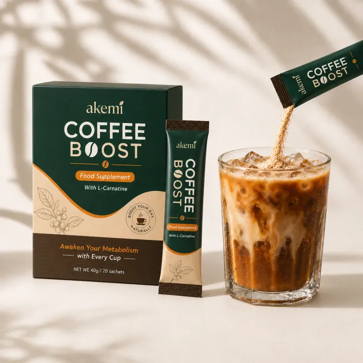 Akemi Coffee Boost sachet poured into an iced coffee