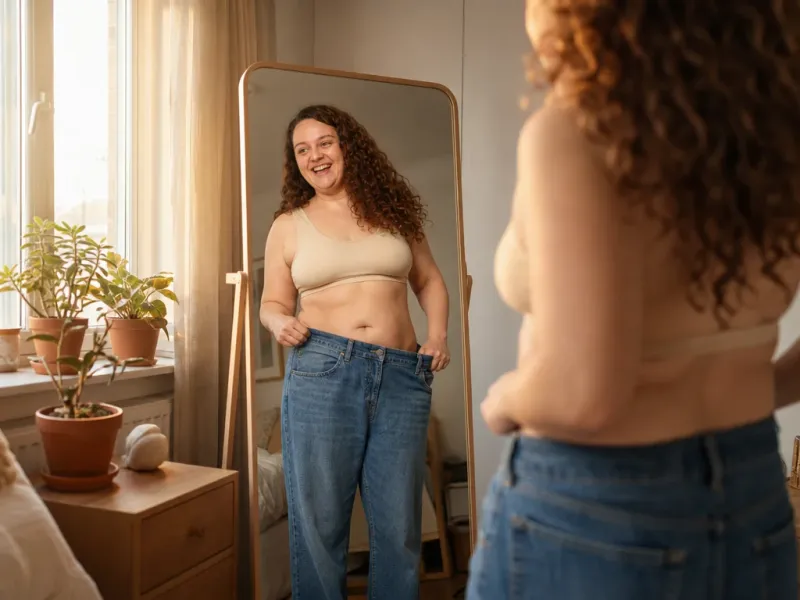Woman in front of a mirror showing jeans that fit loosely after using Akemi Coffee Boost