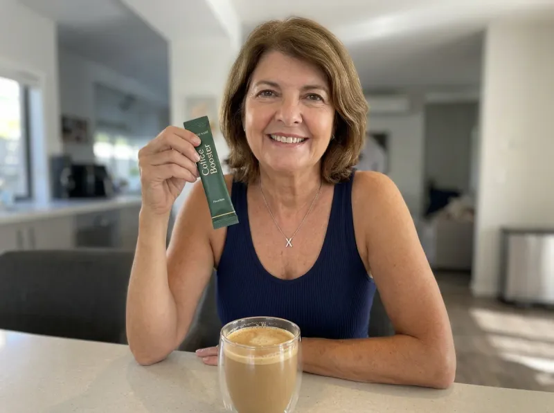 Woman holding an Akemi Coffee Boost sachet next to her morning coffee